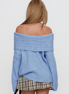 back view of model wearing Princess Polly Snowie Off Shoulder Knit Sweater Blue Longline Jumpers 