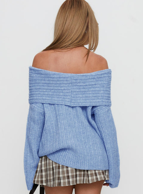 back view of model wearing Princess Polly Snowie Off Shoulder Knit Sweater Blue Longline Jumpers 