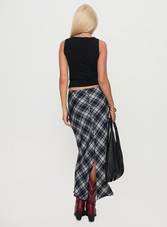 back view of model wearing Princess Polly Everlie Low Waist Maxi Skirt Check Multi 