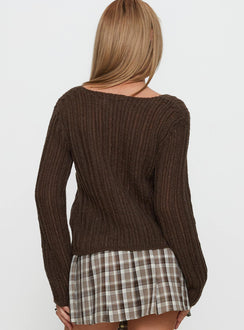 back view of model wearing Princess Polly Lenker Knit Sweater Brown Longline Jumpers Jumpers 