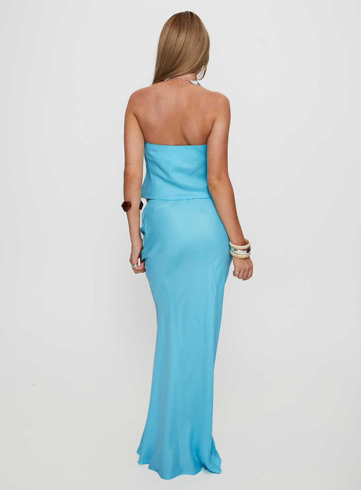 back view of model wearing Princess Polly Lucelia Maxi Skirt Aqua Maxi Skirts Skirts 