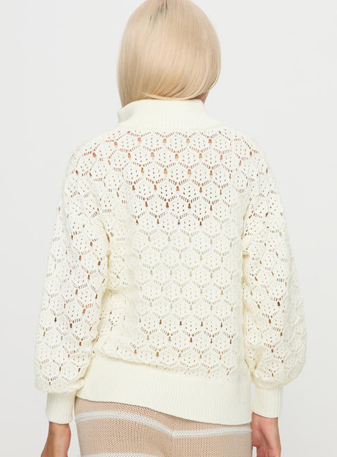 back view of model wearing Princess Polly Sirena Zip Through Knit Sweater Cream 