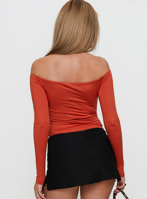 back view of model wearing Princess Polly Degree Of Seperation Buckle Detail Long Sleeve Bodysuit Orange Long Sleeve Tops Bodysuit 