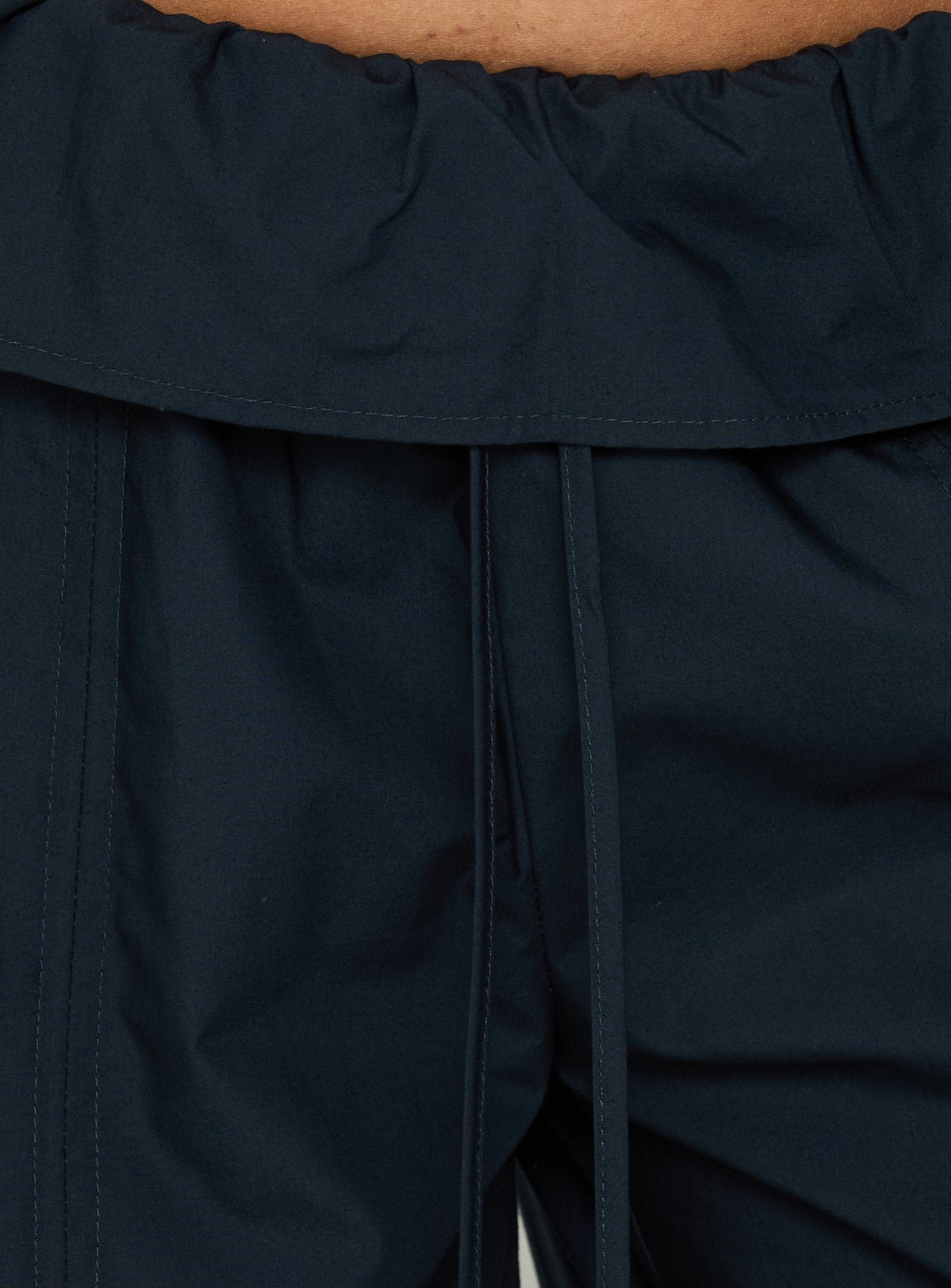 Presenting the Amaiza Frill Drawstring Straight Leg Pants Navy in womens-regular-pants with high-rise detail Princess Polly