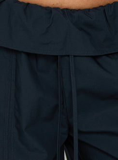 Presenting the Amaiza Frill Drawstring Straight Leg Pants Navy in womens-regular-pants with high-rise detail Princess Polly