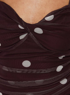 Edesia Ruched Mini Dress Chocolate Polka Dot