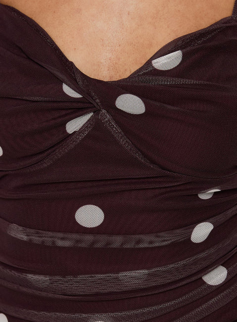 Edesia Ruched Mini Dress Chocolate Polka Dot