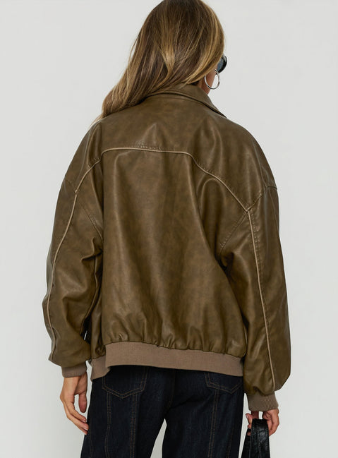 Goldsmith Faux Leather Bomber Jacket Washed Brown