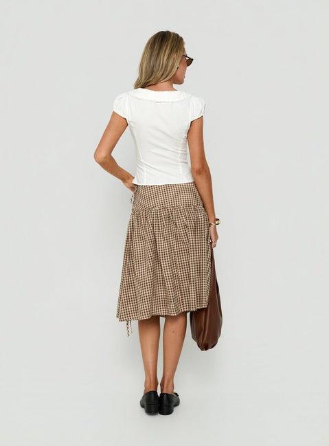 Featuring the Kasida Tie Detail Midi Skirt Brown Check in womens-skirts with midi length back view of model wearing Princess Polly