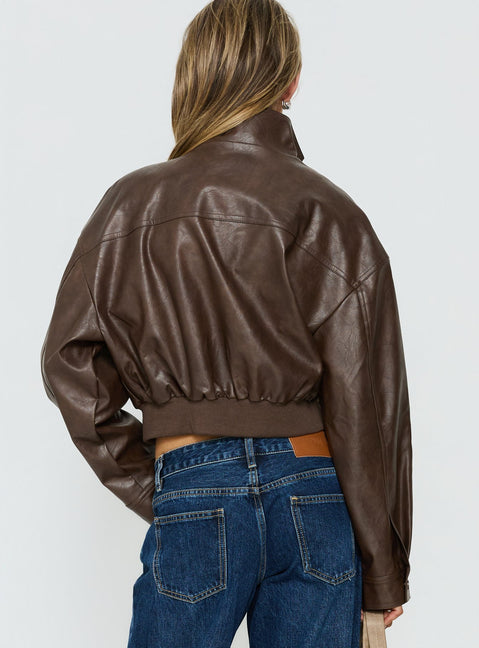 Ace Player Funnel Neck Faux Leather Jacket Brown Petite