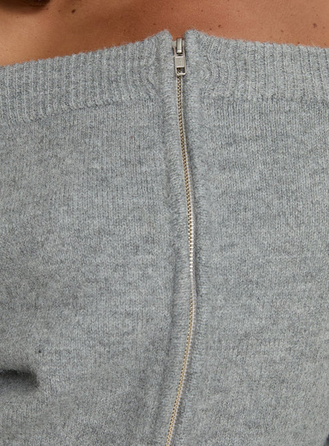 product Princess Polly Ortensa Off Shoulder Zip Through Jumper Grey Marle Cropped Jumpers 