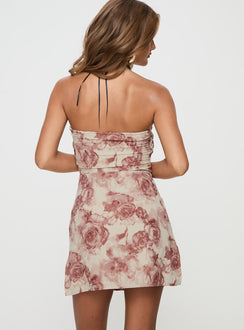 back view of model wearing Princess Polly Irena Strapless Mini Dress Rose Floral Sweetheart Neckline 