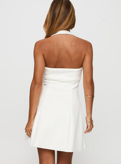back view of model wearing Princess Polly Alyn Halter Mini Dress White Square Neck 