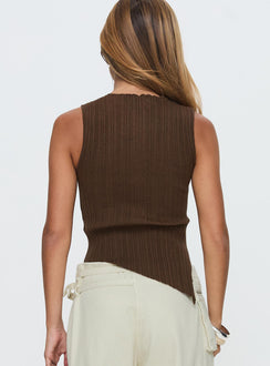 back view of model wearing Princess Polly Realyze Cut Out Top Brown Sleeveless Crew Neck 