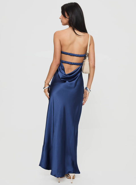 back view of model wearing Princess Polly Faviola Strapless Maxi Dress Blue Sweetheart Neckline 