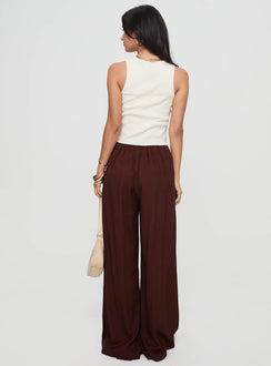 back view of model wearing Princess Polly Ogilvie Linen Blend Pants Chocolate High Waisted Pants 