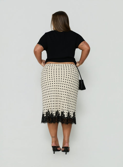 Crafted Downtown Scene Lace Trim Maxi Skirt Cream Polka Curve in womens-skirts with midi length back view of model wearing Princess Polly