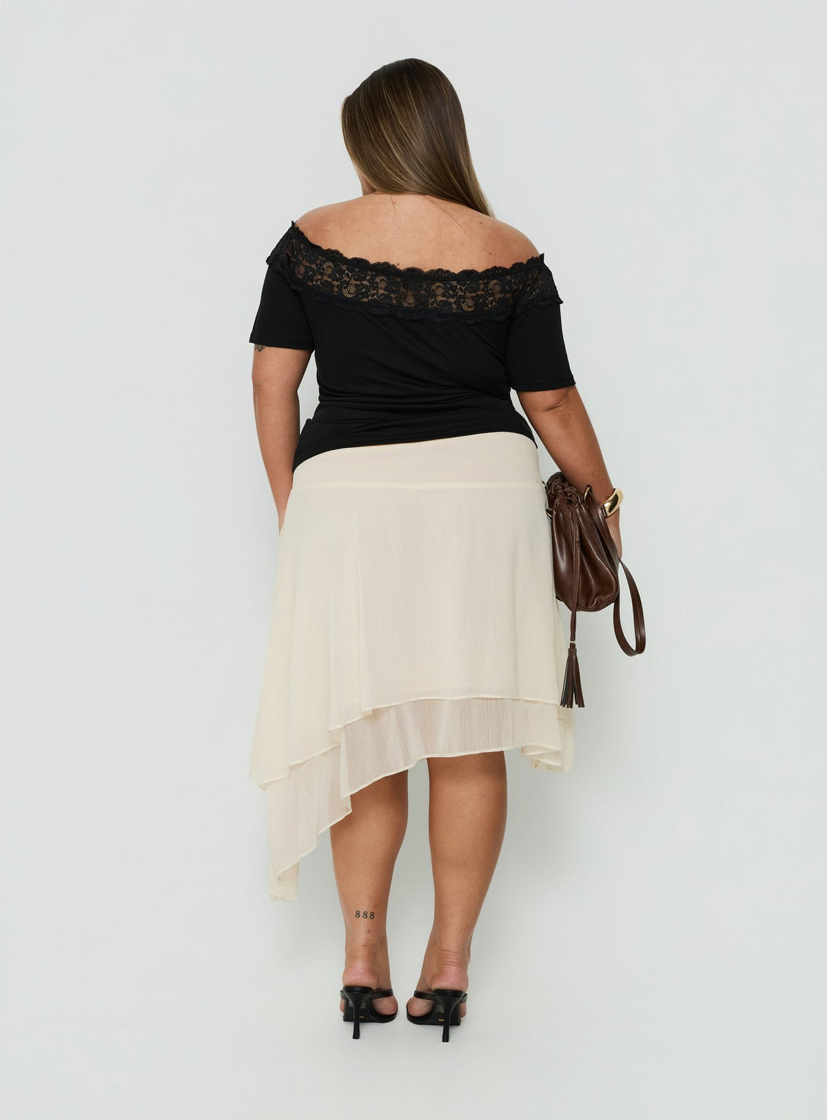 Presenting the Ophella Tie Waist Chiffon Midi Skirt Cream Curve in womens-skirts with midi length back view of model wearing Princess Polly