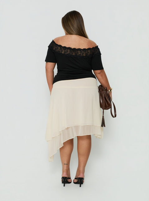 Presenting the Ophella Tie Waist Chiffon Midi Skirt Cream Curve in womens-skirts with midi length back view of model wearing Princess Polly