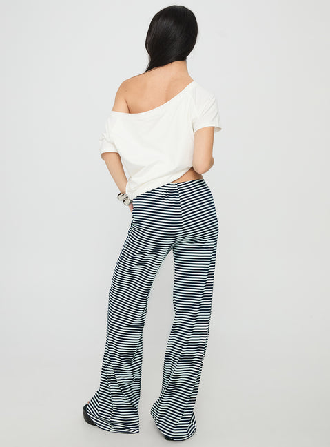 back view of model wearing Princess Polly Alfreda Jersey Pant Navy Stripe High Waisted Pants 