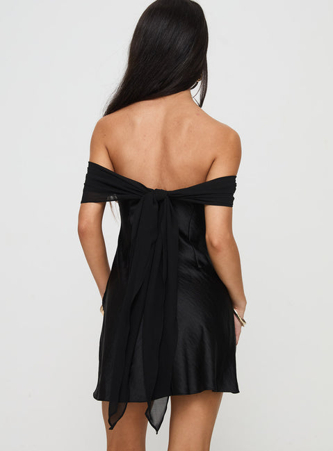 back view of model wearing Princess Polly Adoration Mini Dress Black Petite Straight Neck 