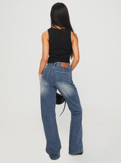 back view of model wearing Princess Polly Hanlen Jean Blue High Waisted 