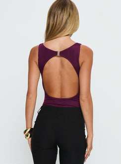 back view of model wearing Princess Polly Vinessa Backless Bodysuit Plum Sleeveless 