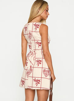 back view of model wearing Princess Polly Alfalfa Shift Mini Dress Red Floral Check Crew Neck 