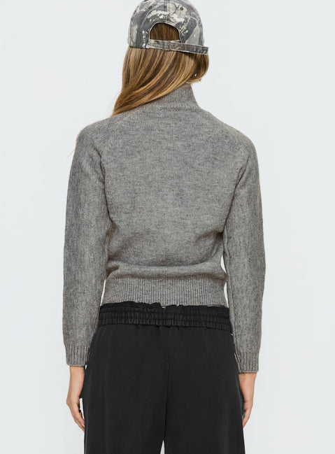 back view of model wearing Princess Polly Caysey Zip Through Knit Sweater Grey cropped 