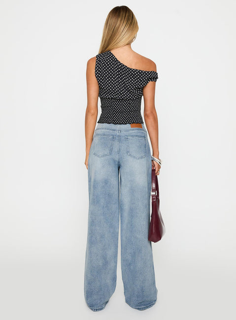 back view of model wearing Princess Polly Bowe Wide Leg Jeans Blue High Waisted 