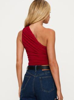 back view of model wearing Princess Polly Heston Asymmetrical Ruched Bodysuit Red Sleeveless 