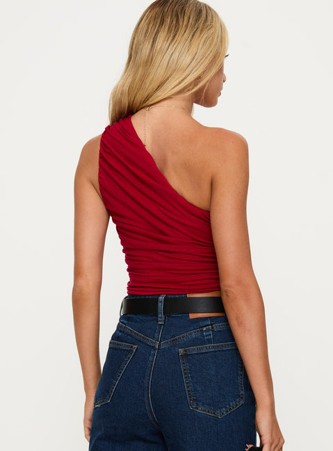 back view of model wearing Princess Polly Heston Asymmetrical Ruched Bodysuit Red Sleeveless 