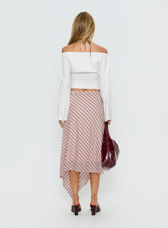 back view of model wearing Princess Polly Gwenora Asymmetrical Midi Skirt Pink Stripe Midi Skirts 