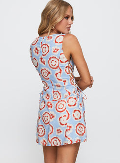 back view of model wearing Princess Polly Earlie Mini Dress Blue / Red Crew Neck 