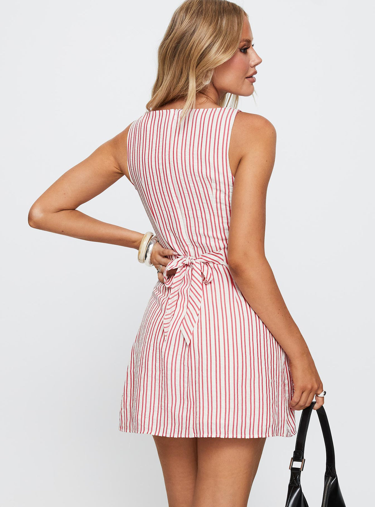 back view of model wearing Princess Polly Alfalfa Shift Mini Dress Red Stripe Boat Neck 
