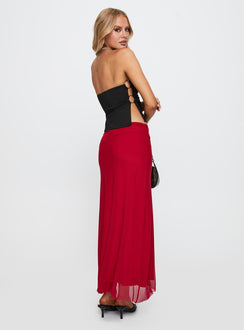 back view of model wearing Princess Polly Quancita Mesh Maxi Skirt Red Maxi Skirts Skirts 