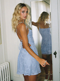side view of model wearing Princess Polly Celena Mini Dress Light Blue Burnout Tall Cowl Neck 