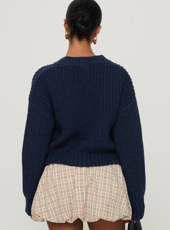 back view of model wearing Princess Polly Osias Cable Knit Cardigan Navy Cropped Jumpers 