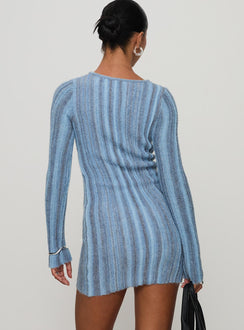 back view of model wearing Princess Polly Postcodes Long Sleeve Mini Dress Blue High Neck 