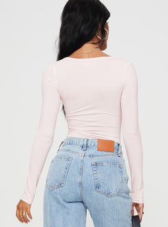 back view of model wearing Princess Polly Delgado Long Sleeve Bodysuit Pink Long Sleeve Tops 