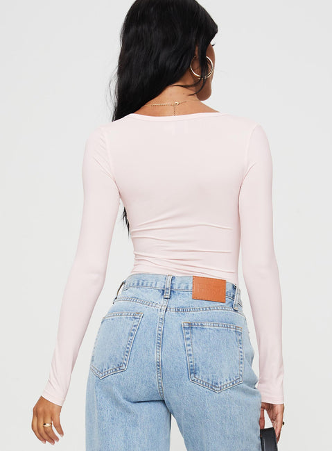 back view of model wearing Princess Polly Delgado Long Sleeve Bodysuit Pink Long Sleeve Tops 