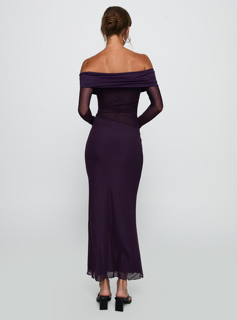 back view of model wearing Princess Polly Soul Ties Long Sleeve Maxi Dress Purple Straight Neck 
