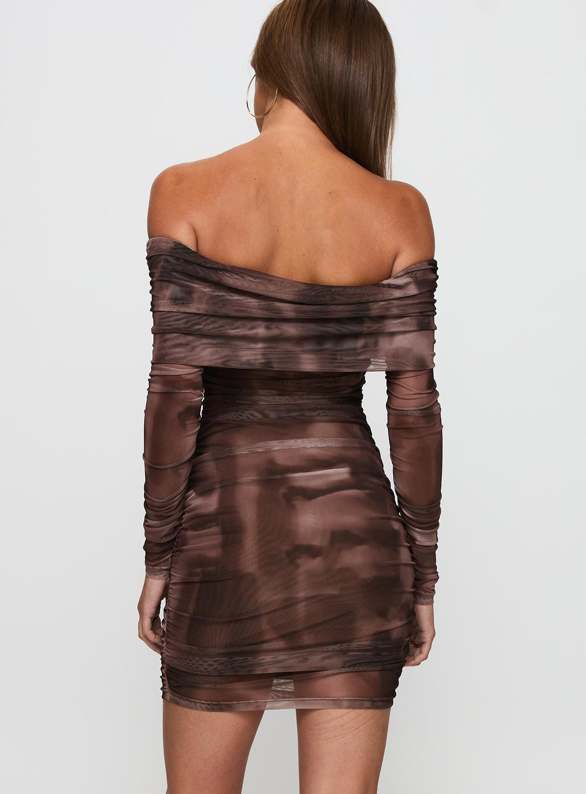 back view of model wearing Princess Polly Raquella Long Sleeve Mini Dress Brown Straight Neck 