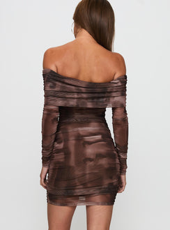 back view of model wearing Princess Polly Raquella Long Sleeve Mini Dress Brown Straight Neck 