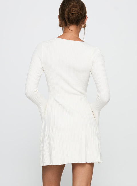 back view of model wearing Princess Polly Terraces Long Sleeve Mini Dress White High Neck 