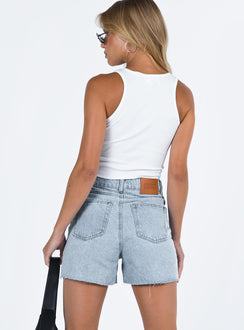 back view of model wearing Princess Polly Laurena Denim Shorts High Waisted Shorts 