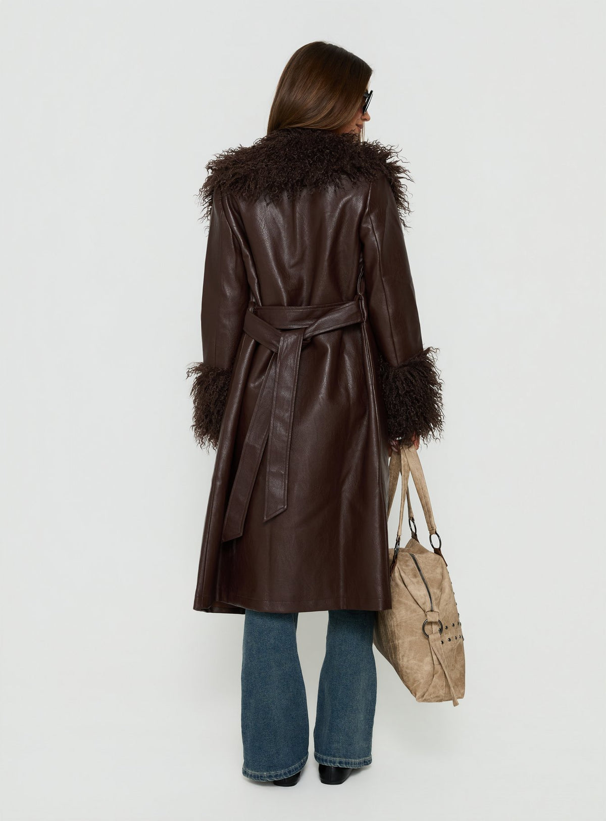 Adeliah Faux Fur Longline Jacket Brown