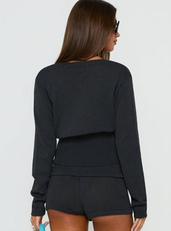 Elsari Cinched Waist V Neck Knit Sweater Charcoal
