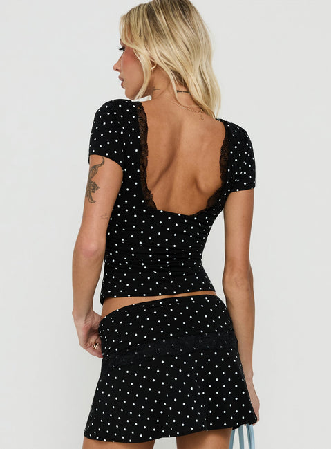 Amia Lace V Neck Top Black Polka Dot