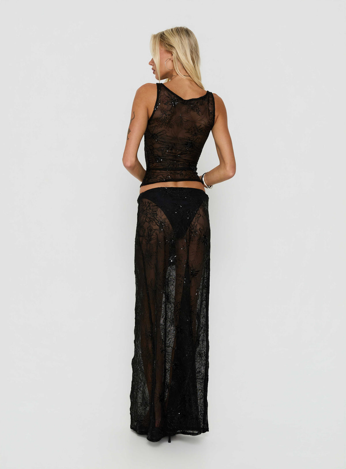 Hayess Sheer Embroidered Maxi Skirt Black